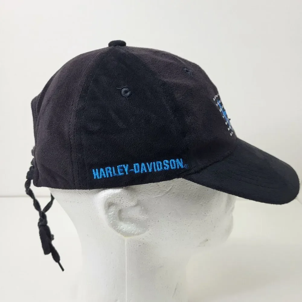 Harley Davidson Hat Womens One Size Black Blue Adjustable Drawstring‎ Bling Cap